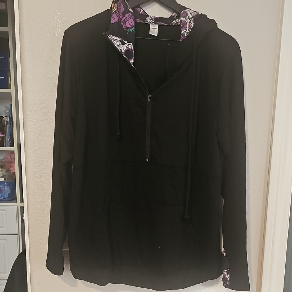 XL Black Hoodie Half Zip with Purple Floral And Sugar Skull Design